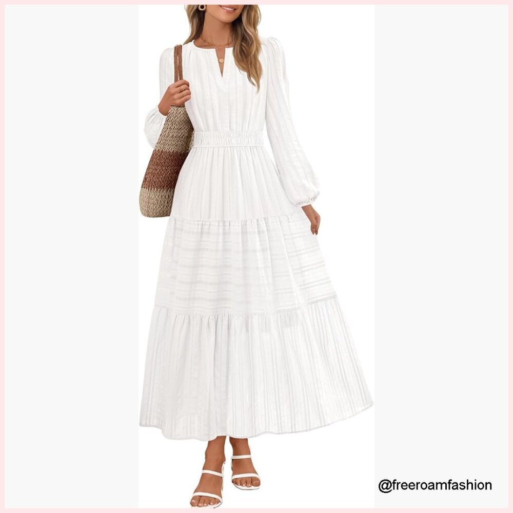 Long Sleeve V-Neck Tiered Cotton Maxi Dress with Pockets, Midi Length